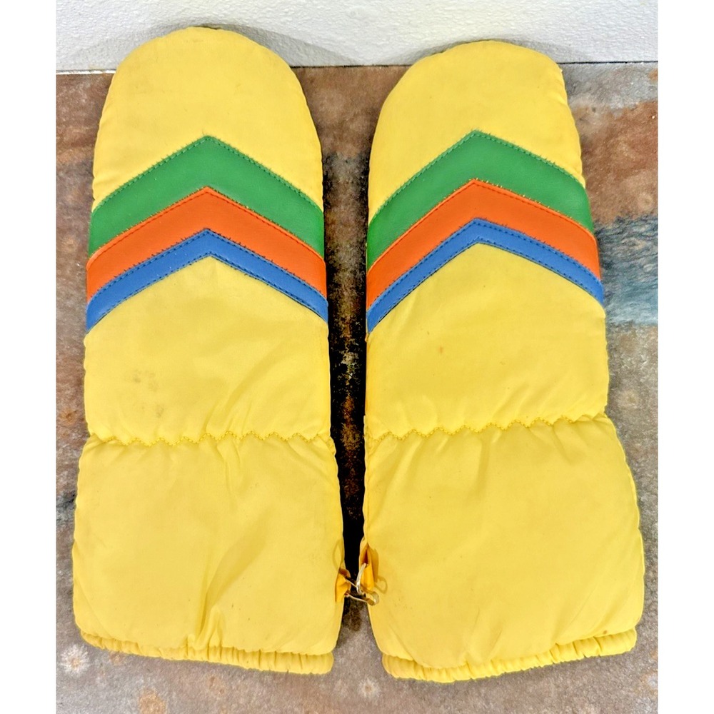 Vintage 70s 80s Puffer Ski Mittens Yellow Rainbow Stripe Retro Groovy Mens L